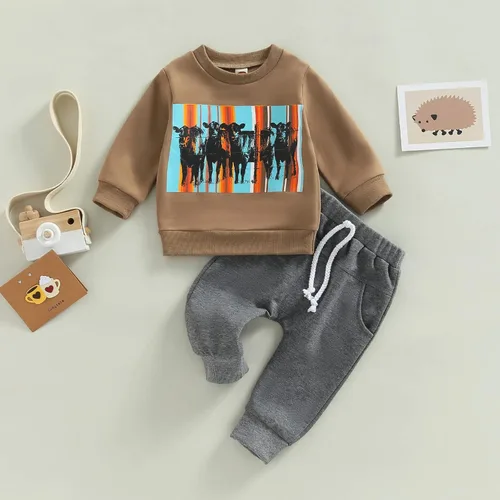 Vista 2 de Kaipiclos Ropa para bebé niño, sudadera de manga larga con estampado de vaca y cuello redondo, pantalones largos para correr, otoño e invierno