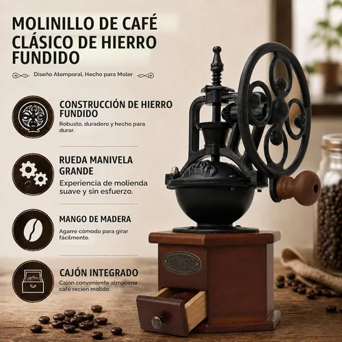 Vista 7 de Molinillo de café manual vintage con manivela de rueda de hierro fundido, molinillo de café de madera con rebabas de cerámica, tamaño de molienda
