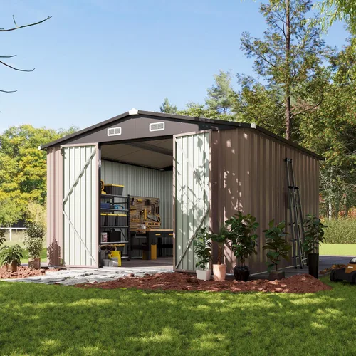 Vista 32 de Cobertizo de almacenamiento de metal negro de 10 x 10 pies, cobertizo de herramientas duradero para exteriores con construcción de acero resistente