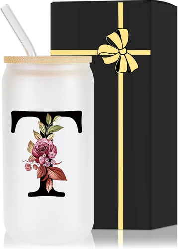 Vista 16 de Vaso de vidrio con monograma con tapa de bambú, popote personalizado, vaso de café helado de 16 onzas, tarro transparente de masón, cerveza, agua