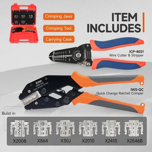 Vista 2 de iCrimp - Juego de herramientas de crimpado de trinquete con pelacables, mordazas de cambio rápido para terminales de barril abierto, terminales