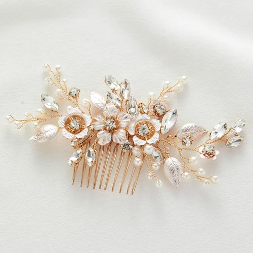 Vista 9 de SWEETV Peineta de Boda Hecha a Mano con Clip de Estrás y Perlas, Accesorios de Oro para el Cabello de Novia, Accesorios para el Cabello de Boda