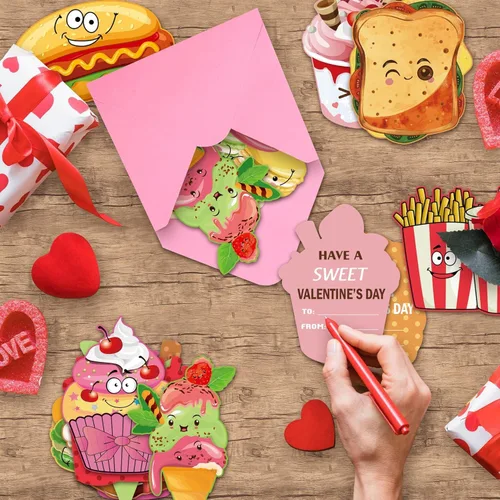 Vista 5 de 32 tarjetas de San Valentín para intercambio de aula para niños, incluye 32 sobres rosas y 32 calcomanías, tarjetas con gráficos temáticos de papas