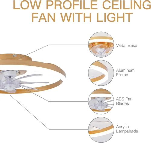 Vista 7 de STERREN - Ventiladores de techo modernos dorados con luces, ventiladores de techo de montaje empotrado de 20" regulables de perfil bajo con control