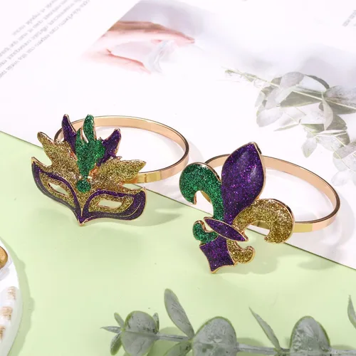 Vista 3 de Juego de 6 servilletas de Mardi Gras con purpurina para máscara de flor de lis, accesorios para mesa de comedor, servilletas decorativas