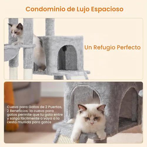 Vista 6 de Heybly - Árbol de gato con cepillo autolimpiante, torre de gato para interior con plataforma acolchada de felpa, casa de gato con cesta, poste