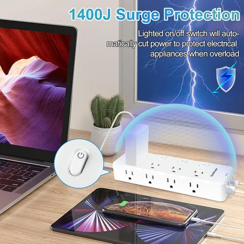 Vista 5 de Regleta protectora de sobretensiones de 15 pies, 8 salidas de CA, 4 USB (2 USB C), cable de extensión de enchufe plano con interruptores