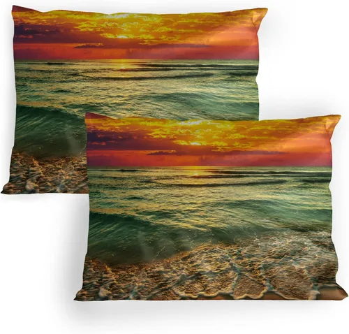 Vista 2 de Lunarable Ocean Pillow Sham Set of 2, Sunset at a Smooth Sandy Beach with Small Wave and Bubbles from The Sea, Quality Microfiber Bedding Item for