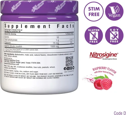 Vista 2 de Bluebonnet Nutrition Extreme Edge Nitro Powder, Nitric Oxide Precursor*, Increase Blood Flow*, Soy-Free, Gluten-Free, Vegan, Raspberry Flavor, 3.7