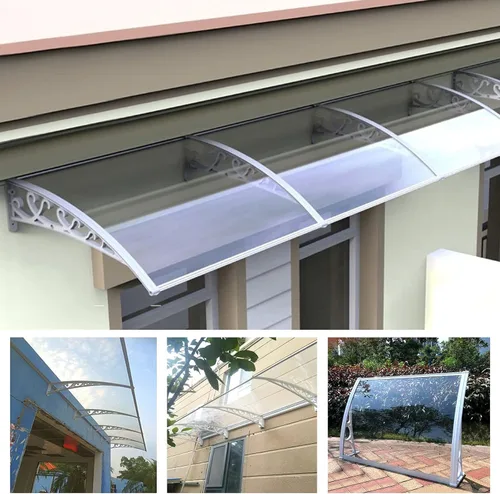 Vista 5 de Toldo escalable con protección UV para lluvia y nieve, toldo hueco para ventana, cubierta de policarbonato transparente, soporte blanco, puerta