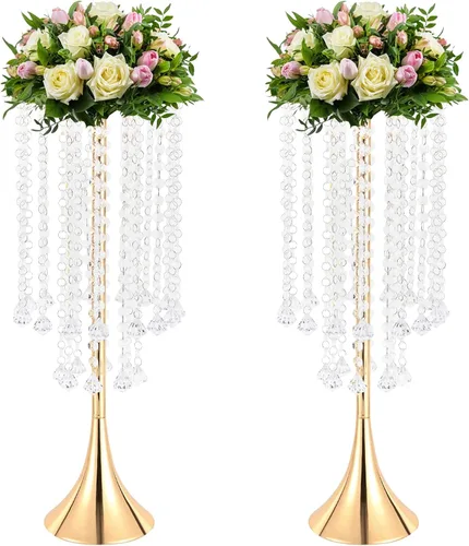 Vista 13 de 2 jarrones de flores de boda de 21.9 pulgadas de alto, centros de mesa plateados para mesa de boda, soporte alto de flores, centro de mesa