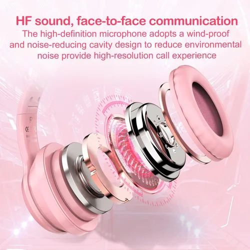 Vista 4 de SIMGAL Auriculares Bluetooth con orejas de gato para niños modo inalámbrico y con cable auriculares plegables con micrófono luz LED RGB para niñas