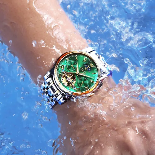 Vista 2 de OLEVS Relojes mecánicos automáticos para hombre, vestido de lujo, impermeable, cuerda automática, cronógrafo, de acero inoxidable, fecha luminosa