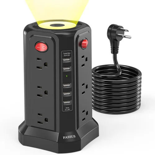 Vista 19 de PD65W USB C Estación de carga rápida de escritorio, regleta de alimentación PASSUS con 12 salidas de CA 4 USB C 1 USB A, cable de extensión