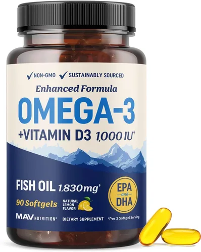 Aceite de pescado Omega 3 con vitamina D3 | 1280 mg Omega3 + 1000 IU VIT D3 para apoyo a la salud cardíaca, inmune y ósea | Suplemento EPA DHA Omega