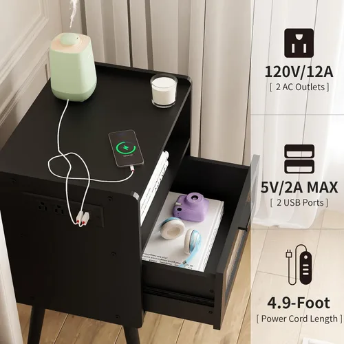 Vista 102 de Mesita de noche moderna de mediados de siglo con estación de carga, mesitas de noche con cajón de cristal, mesa auxiliar con espacio