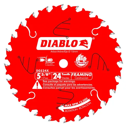 Diablo Hoja de sierra para aplicaciones de construcción general - Diámetro de 5-3/8", 24 dientes ATB, eje de 10mm, corte de.049", ángulo de gancho