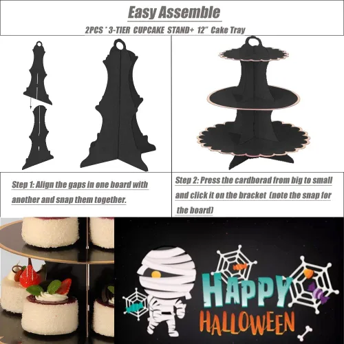 Vista 4 de MRPAPA Paquete de 2 soportes de cartón para cupcakes, bandeja de postre de 3 niveles, soporte de papel desechable, mini soporte para tartas