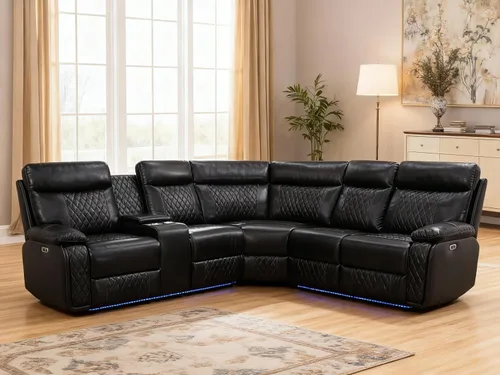 Vista 7 de Juego de sofá seccional reclinable eléctrico, sofás seccionales de cuero en forma de L para sala de estar, asientos de cine en casa con soporte