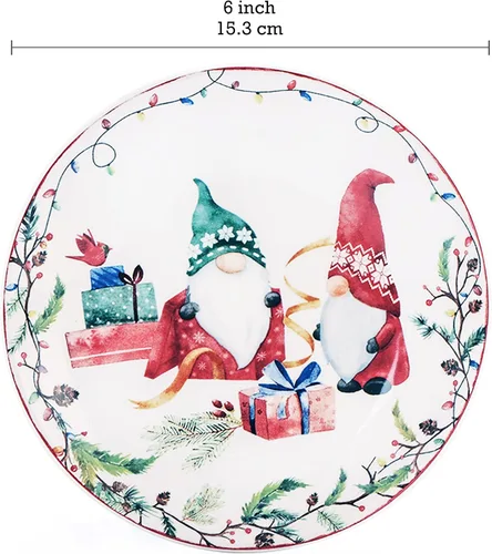 Vista 2 de Bico - Juego de 6 platos de aperitivo de gnomos navideños, 6 pulgadas, pequeños platos de postre de cerámica para bocadillos, ensalada, decoración