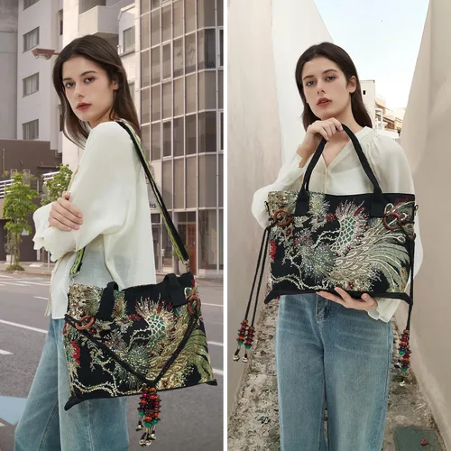 Vista 2 de Jursccu Bolsos de lona para mujer, bolsos bordados, bolsos de hombro casuales elegantes