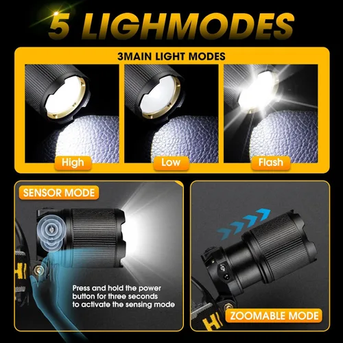 Vista 2 de Linterna frontal recargable de 2,000 lúmenes, 5 modos y lámpara de cabeza impermeable IP68, faros delanteros para adultos recargables, luces