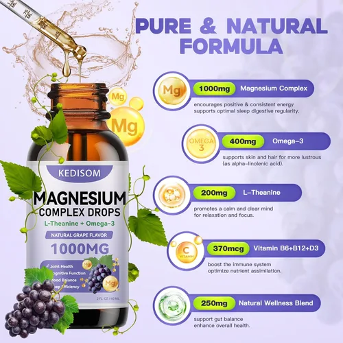 Vista 5 de Gotas líquidas de glicinato de magnesio, 2 onzas líquidas, suplemento de complejo de magnesio con vitamina B6, B12 y D3 más L-teanina omega-3