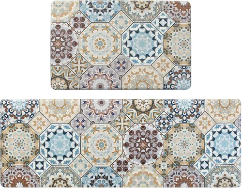 Juego de 2 alfombras de cocina, acolchadas y antifatiga, de PVC, antideslizantes, impermeables, cómodas, de pie, para fregadero, lavandería de 17 x