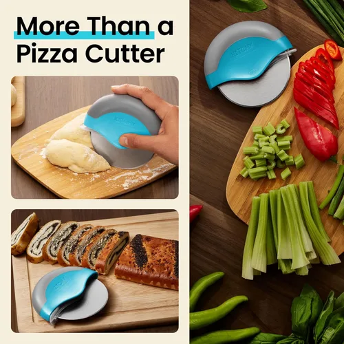 Vista 7 de Rueda para cortar pizza con protección para cuchilla Kitchy, rebanador súper afilado y fácil de limpiar, de acero inoxidable, Azul