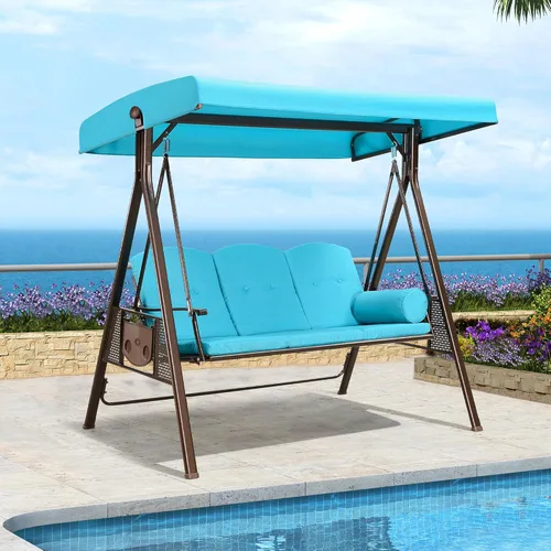 Vista 9 de PURPLE LEAF Columpio de lujo para porche de patio al aire libre de 2 asientos con marco de acero resistente a la intemperie, toldo inclinable Beige