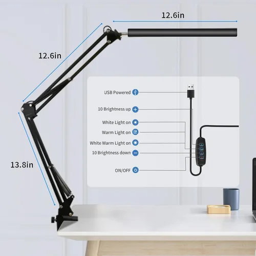 Vista 3 de Lámpara de escritorio LED con abrazadera, luz de escritorio con abrazadera, lámpara de brazo oscilante incluye 3 modos de color y 10 brillo