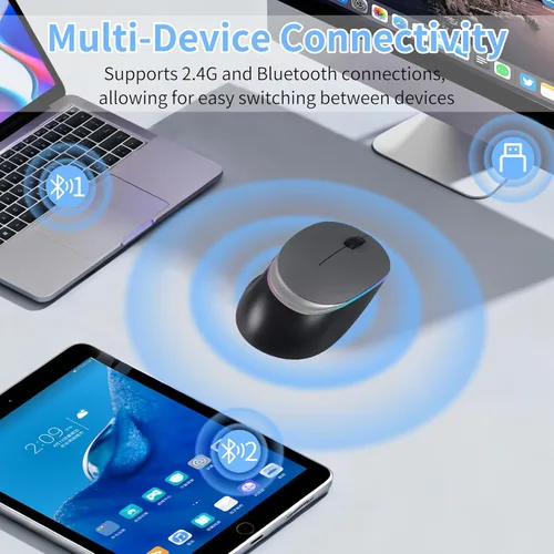 Vista 4 de Ratón inalámbrico Bluetooth, Bluetooth 5.0 y receptor USB 2.4G, recargable, compacto y portátil, clic silencioso, diseño ergonómico, DPI ajustable