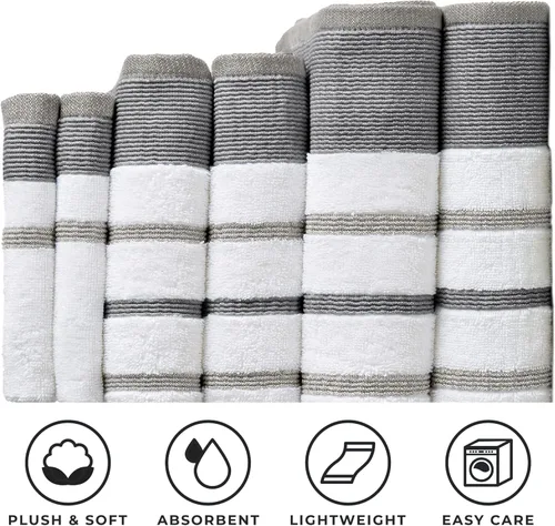 Vista 3 de Great Bay Home - Juego de toallas de 100 % algodón turco, a rayas, suaves, ultra absorbentes. Colección Noelle.