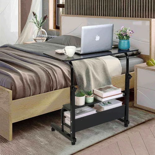 Vista 6 de Escritorio de computadora móvil de altura ajustable para mesa rodante de espacio pequeño con ruedas, escritorio de estudio portátil para Negro