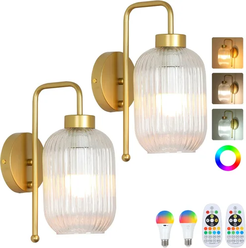 LAMSU Vintage Battery Operated Wall Sconces Set of 2, Wireless Wall Lights with Remote and Color Temperature Bulb, Gold Cordless Rechargeable Wall