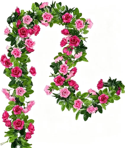Paquete de 2 guirnaldas de flores artificiales de 15.8 pies, flores de seda falsas de hiedra rosa para colgar en el arco de boda, fiesta, hogar