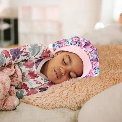 Vista 4 de 4 gorros de seda para dormir, gorros de satén para niñas, gorro de dormir de satén para cabello rizado natural y banda ancha elástica