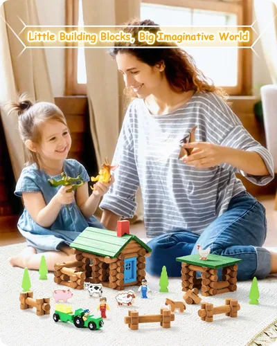 Vista 5 de SainSmart Jr. Juego de cabaña de troncos de madera para granja, juguete de casa de construcción para niños pequeños, 122 piezas Kit de construcción