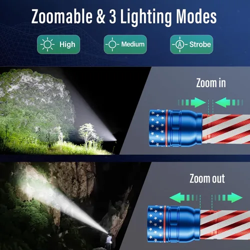 Vista 2 de RECHOO Linterna recargable, 1 unidad, luz brillante de grado militar, altos lúmenes con enfoque ajustable y 3 modos de iluminación, linterna LED