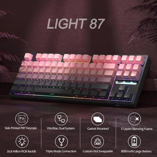 Vista 3 de MageGee LIGHT87 Teclado cremoso inalámbrico, estructura de junta, retroiluminación RGB, 2.4GUSB-CBT5.0 Teclado mecánico intercambiable en caliente