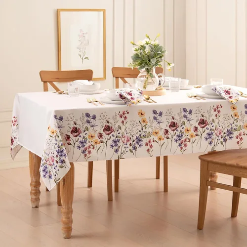 Vista 3 de Elrene Home Fashions Mantel de tela con borde botánico de flores silvestres de amapola, redondo, 70 x 70 pulgadas