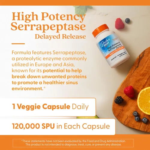 Vista 5 de Doctors Best Serrapeptasa de alta potencia, apoya la salud sinusal 120,000 SPU, sin OMG, veganas 90 cápsulas vegetarianas