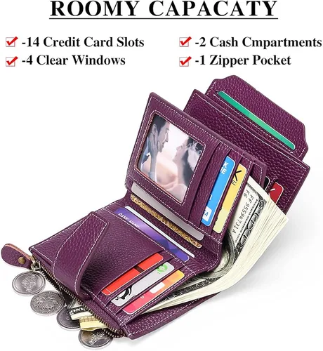 Vista 2 de FALAN MULE - Cartera de cuero auténtico para mujer pequeña plegable compacta con interferencia de radiofrecuencia RFID