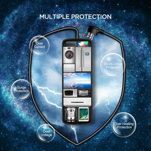 Vista 6 de Protector de picos con USB (4360 julios), 12 tomas de corriente y 4 puertos de carga USB inteligentes (5 V/3.4 A), enchufe plano, 1875 W/15 A, cable