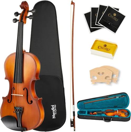 Mendini by Cecilio Juego de viola de madera maciza de 14 pulgadas para principiantes - Kit de viola acústica tallada a mano con estuche rígido Satén