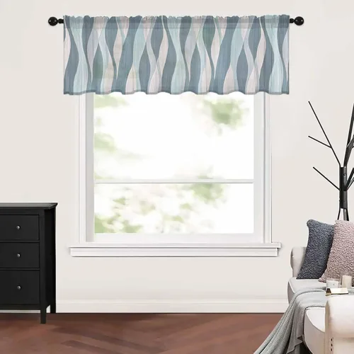 Vista 9 de Navy Blue White Waves Sheer Curtain Valances for Windows Kitchen Curtains Retro Abstract Gradient Art Chiffon Window Treatments Rod Pocket Short