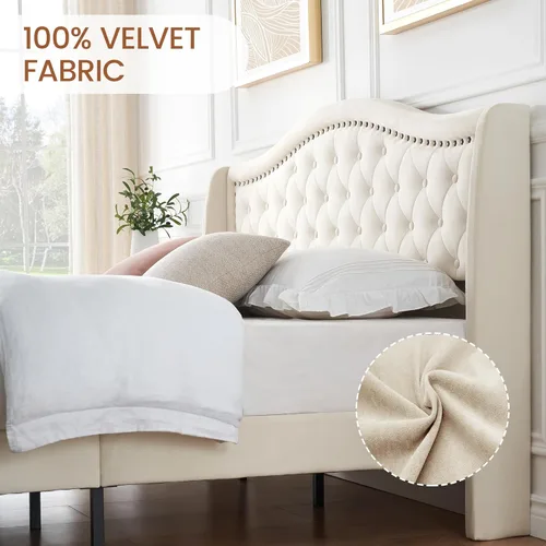 Vista 14 de Base de cama de plataforma tapizada tamaño Queen con cabecero alto de 47.2 pulgadas, cama Queen con botones de terciopelo y cabecera con alas