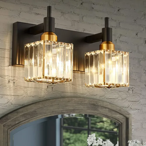 Vista 26 de Modernas luces de cristal para tocador de baño, 3 luces doradas, lámparas de baño sobre espejo, iluminación de pared de cristal con acabado de latón