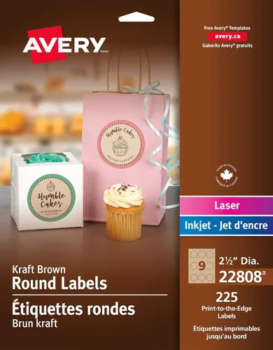 Avery Round print-to-the-edge etiquetas, 212inch Dia, color café kraft, 225PK