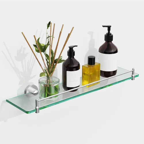 Vista 18 de Estantes de baño de vidrio, estantes flotantes dorados cepillados para pared, rectangular, moderno, estante de vidrio de acero inoxidable